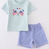 Blue patriotic flag embroidery boy set